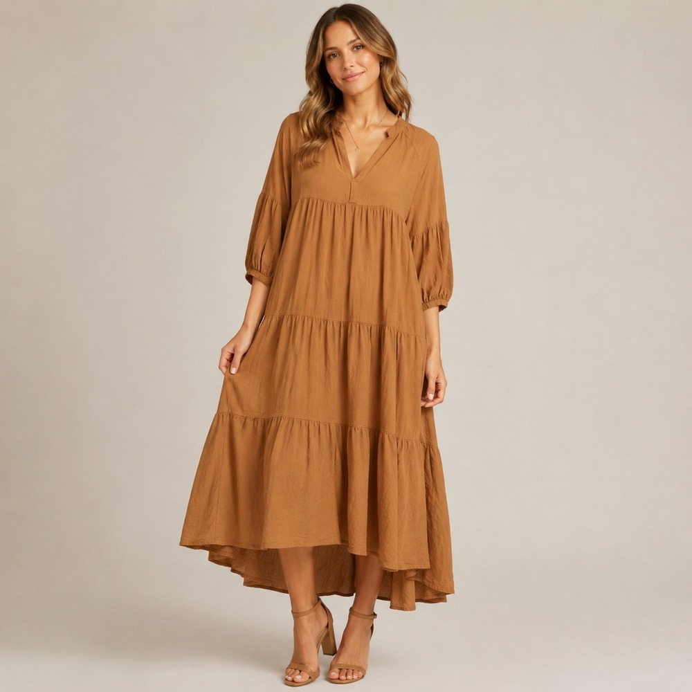 Young Fabulous & Broke Maxi Dress Womens Medium Brown Tiered Boho High-Low Hem